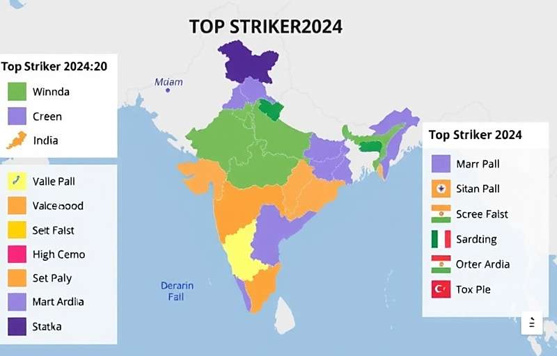 Top Striker2024 Regional Popularity Map of India showing Top Striker2024 player distribution across different states